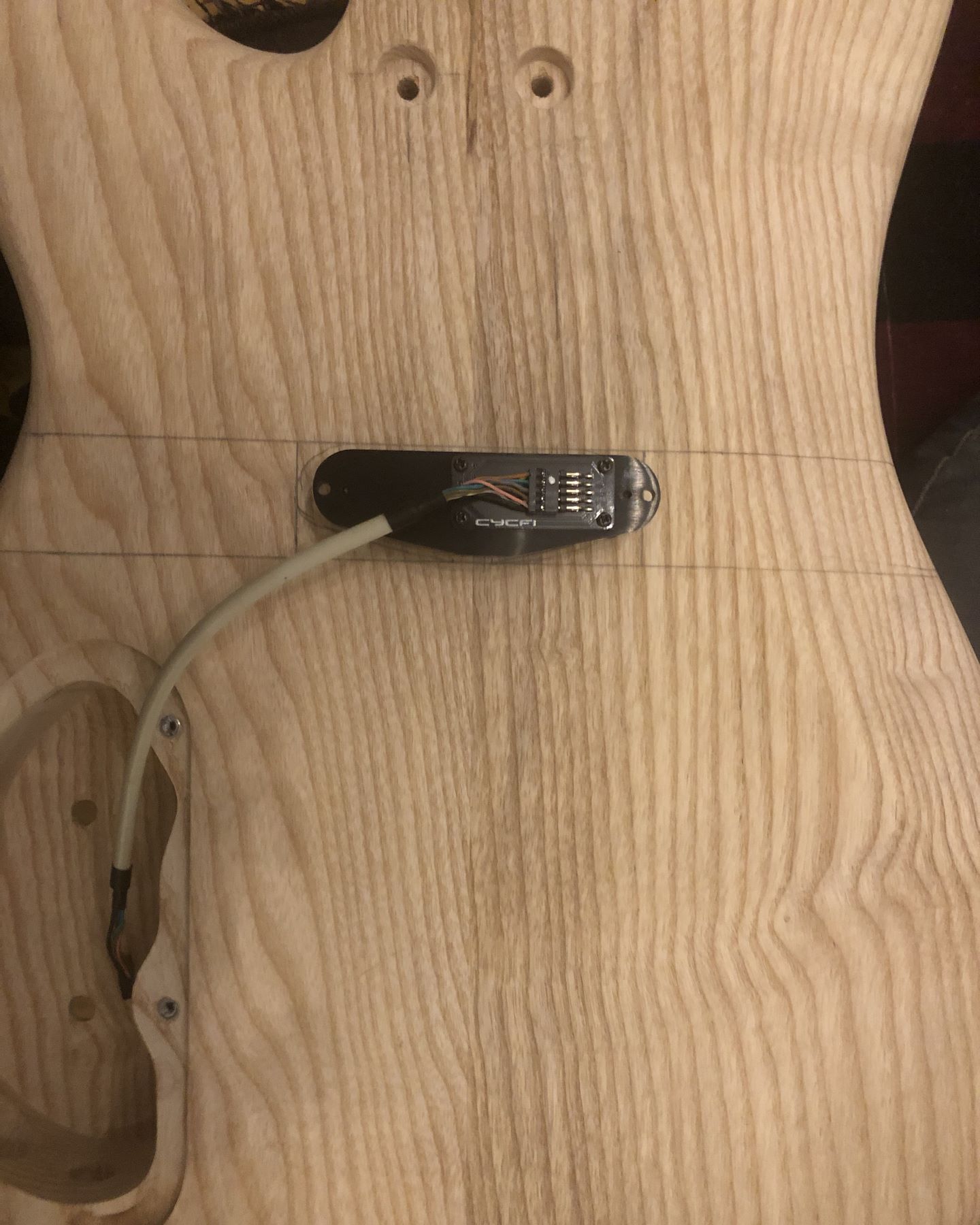 Back side of the bass guitar body shown in the previous photo, with a pickup lying on the back with pencil lines marking the approximate position of the pickup cavity on the front. The 10-conductor cable is attached to the pickup with the other end lying on the rear-routed electronics cavity.