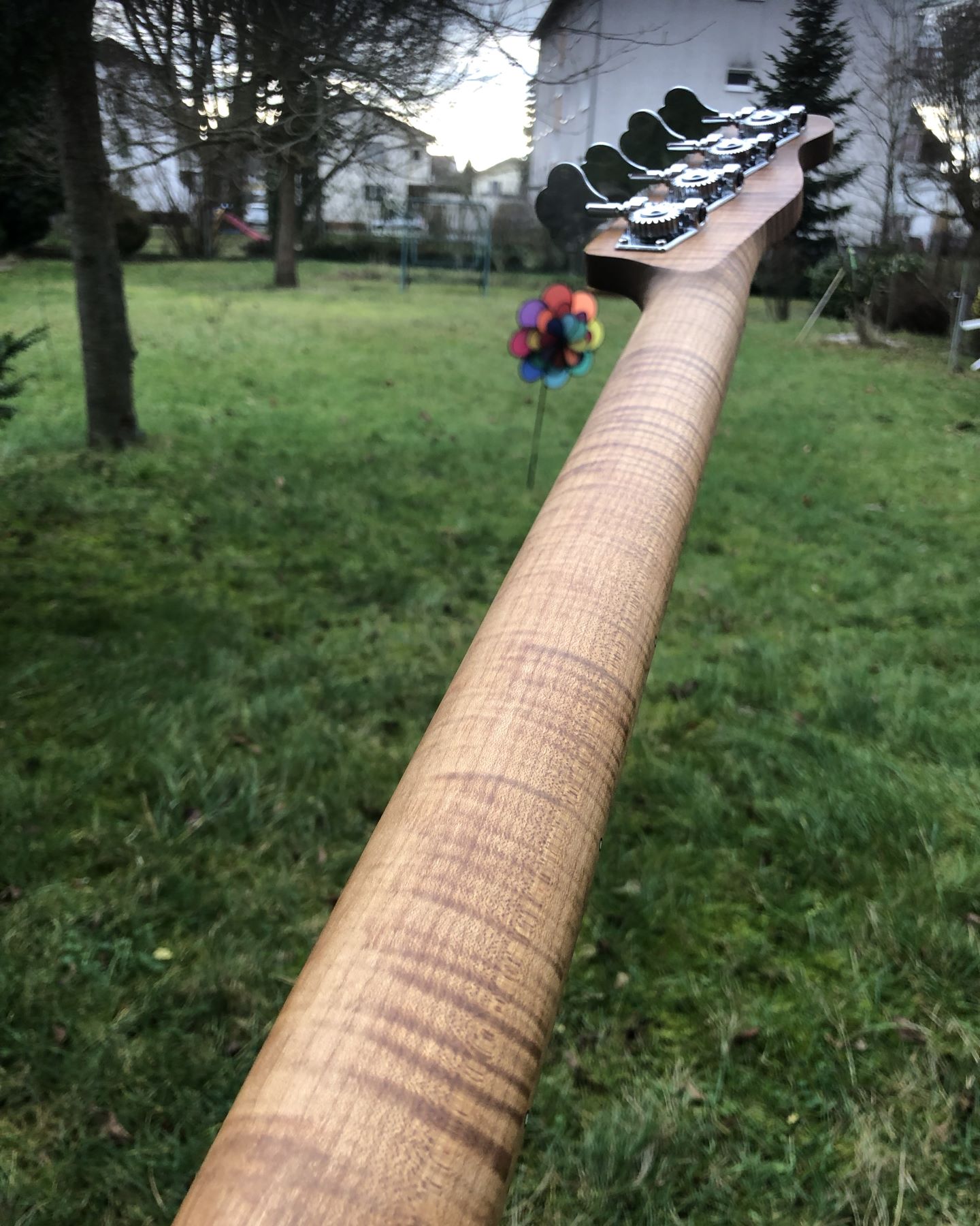 Photo of the back side of the finished bass guitar neck. The wood has significant flame figuring. The tuners are open-backed.