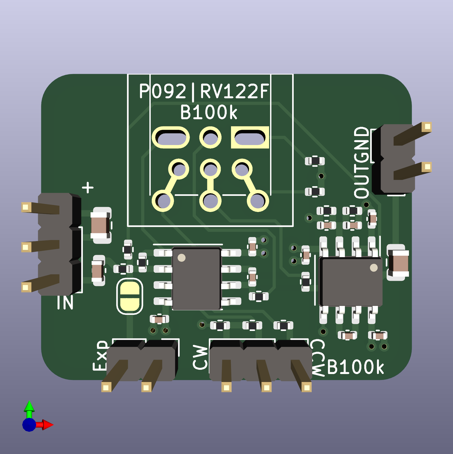 Three-dimensional rendering of another PCB with a custom footprint that allows different potentiometers to be used.