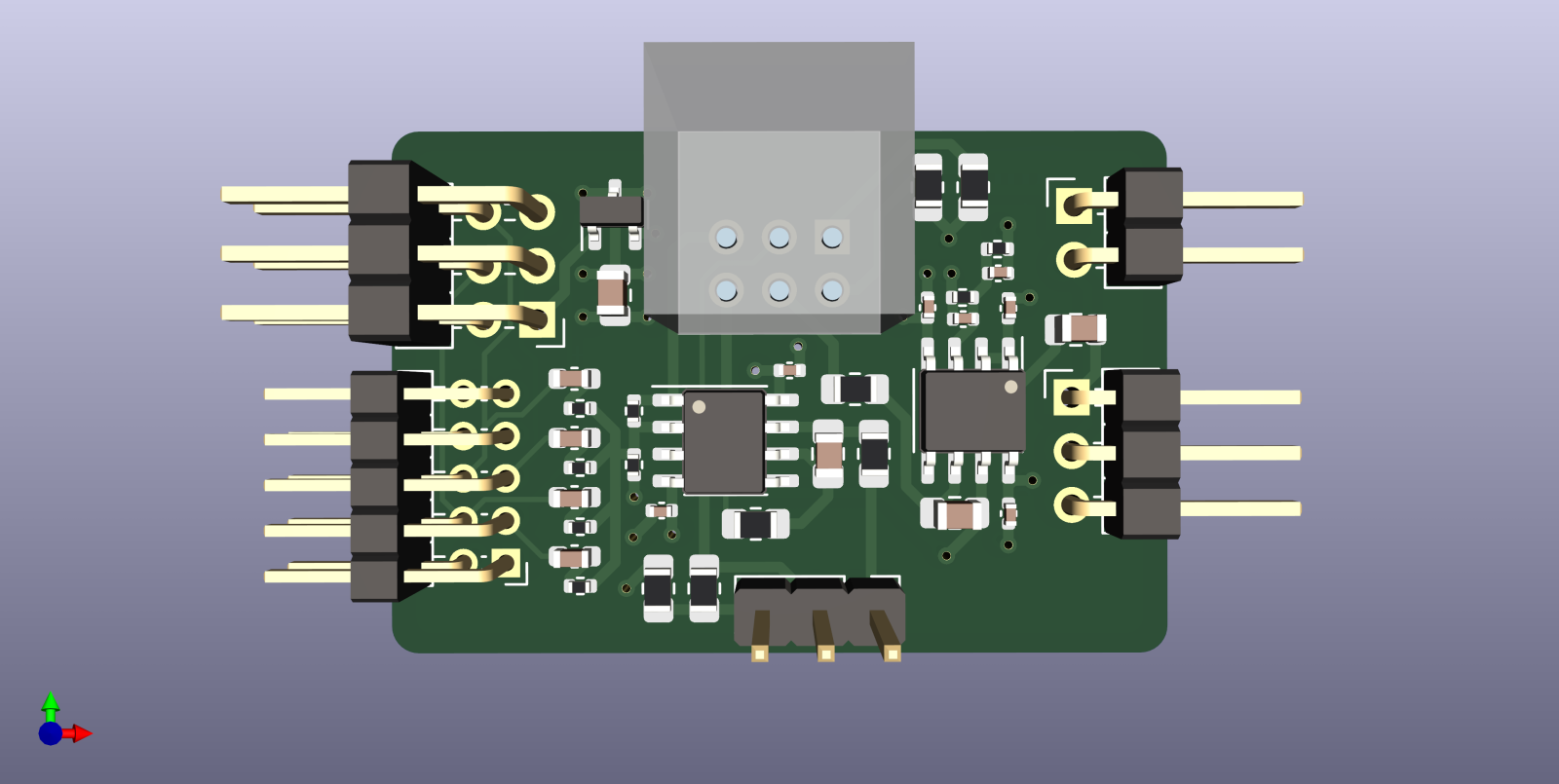 Three-dimensional rendering of a PCB with components and one semi-transparent dummy model.
